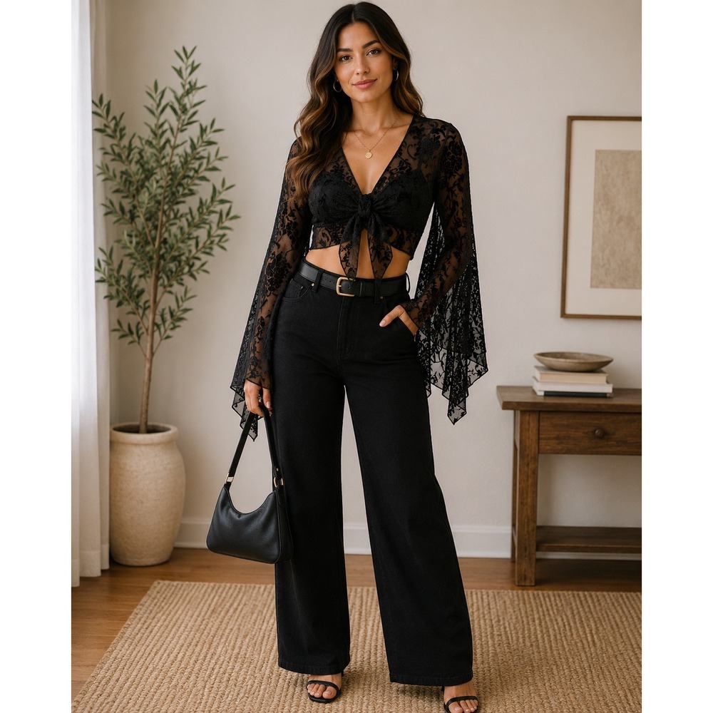 Romwe Whimsigoth Burnout Velvet Floral Sheer Mesh Tie Front Bell Sleeve Top L